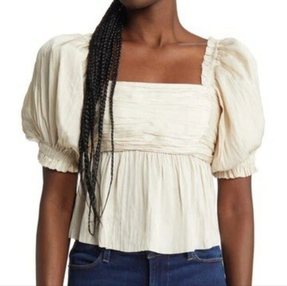 Frame Puff Sleeve Square Neck Empire Waist Pleated Vanilla Cropped Blouse